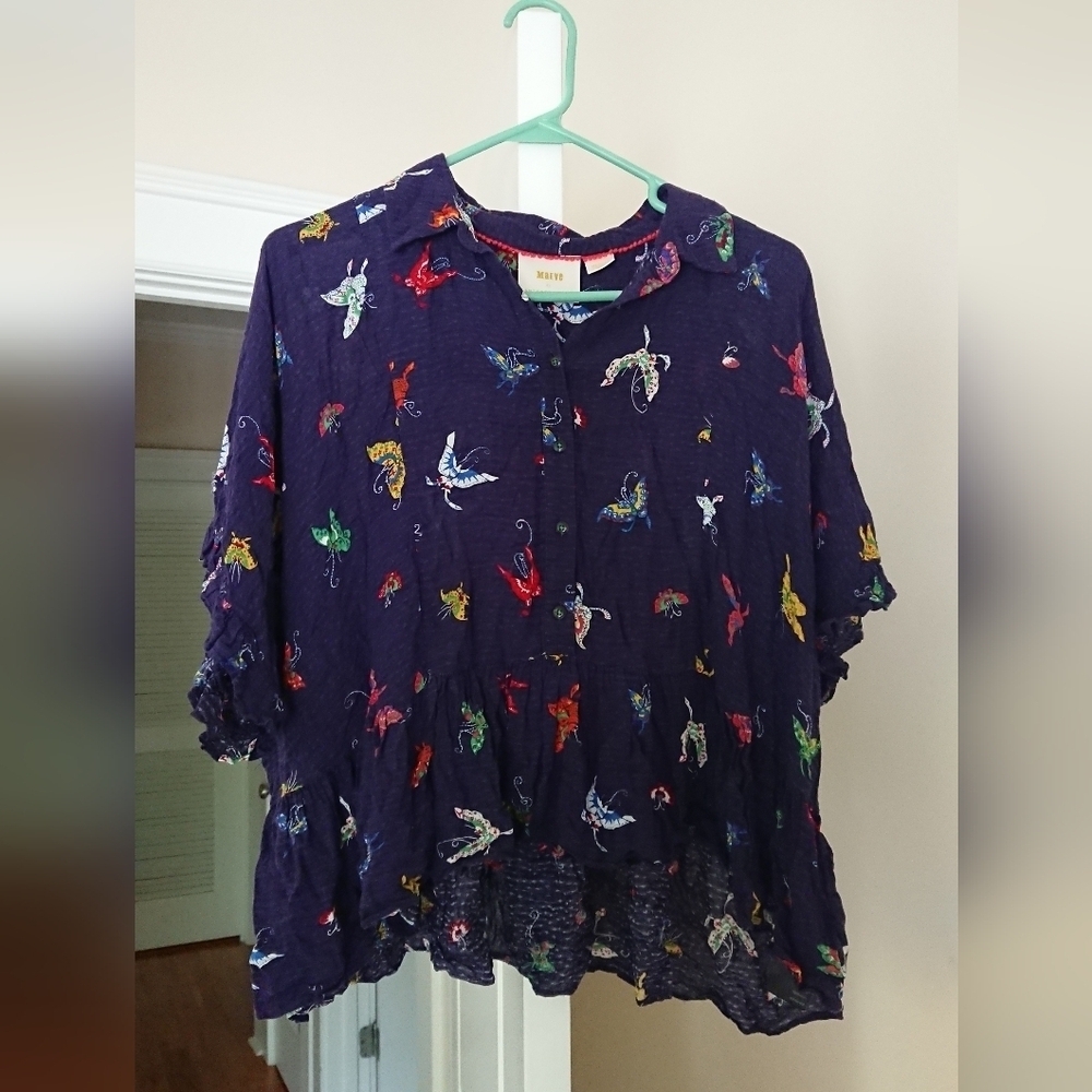 Anthropologie Maeve navy blue and colorful butterfly Blouse size M